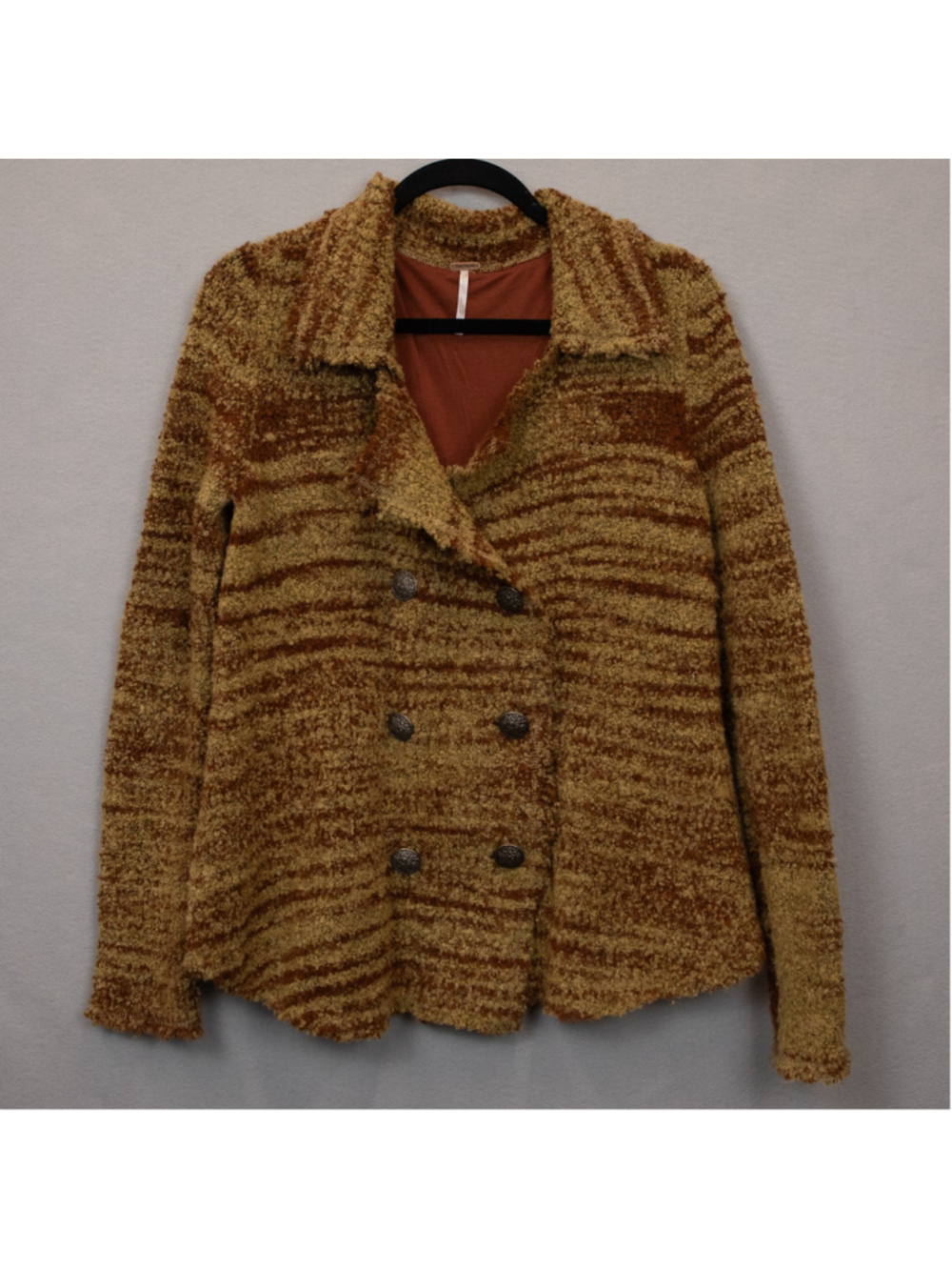 Free People Zebra Yarn double breasted boucle knit brown cardigan-S